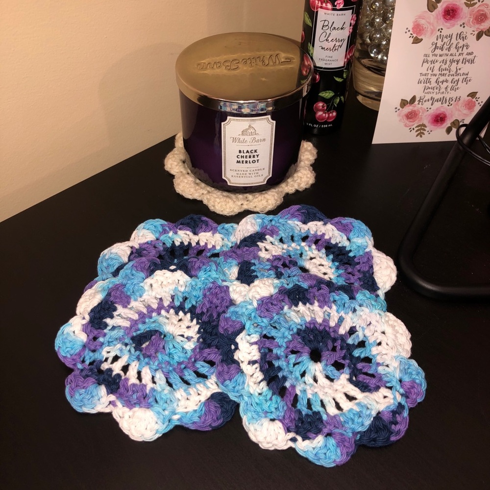 Four handmade crochet cotton farmhouse coasters